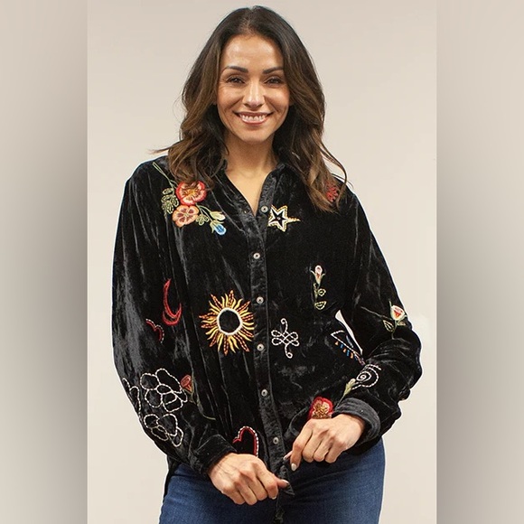 NWT Kyla Seo Wrenley Velvet Embroidered Long Sleeve Button Down Shirt Size Small - Picture 14 of 14
